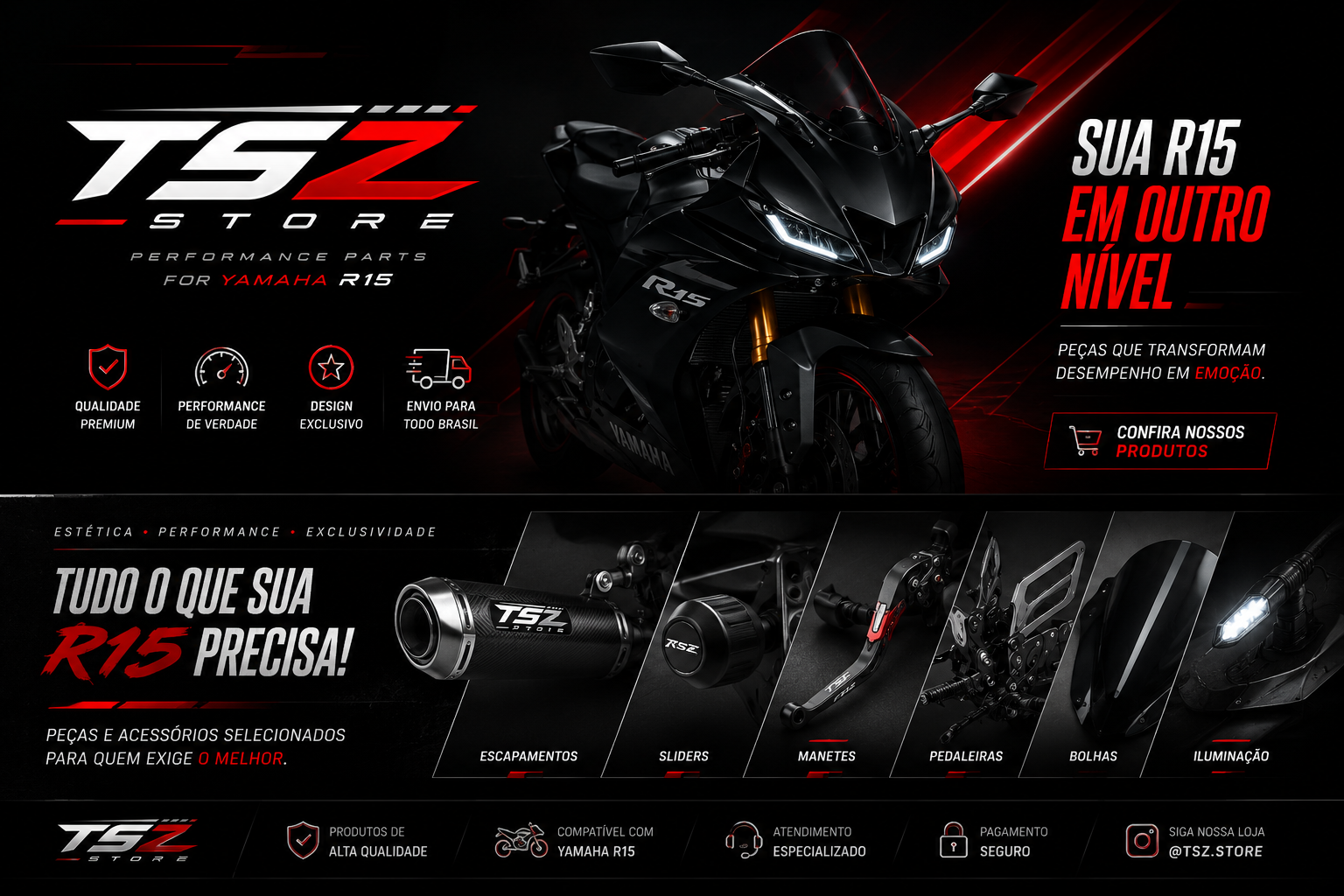 Yamaha R15 preta em arte promocional TSZ Store